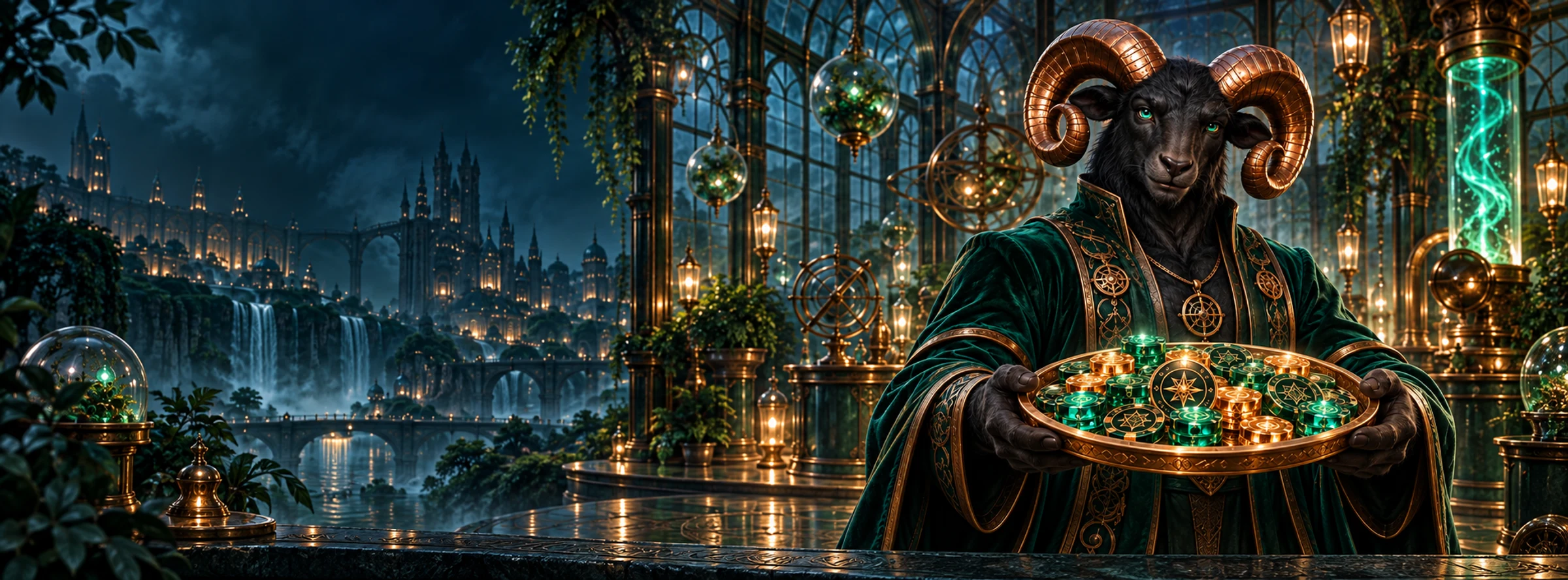 Orin opens a panoramic copper and emerald night atelier, offering a complete platter of fictional play chips with both hands