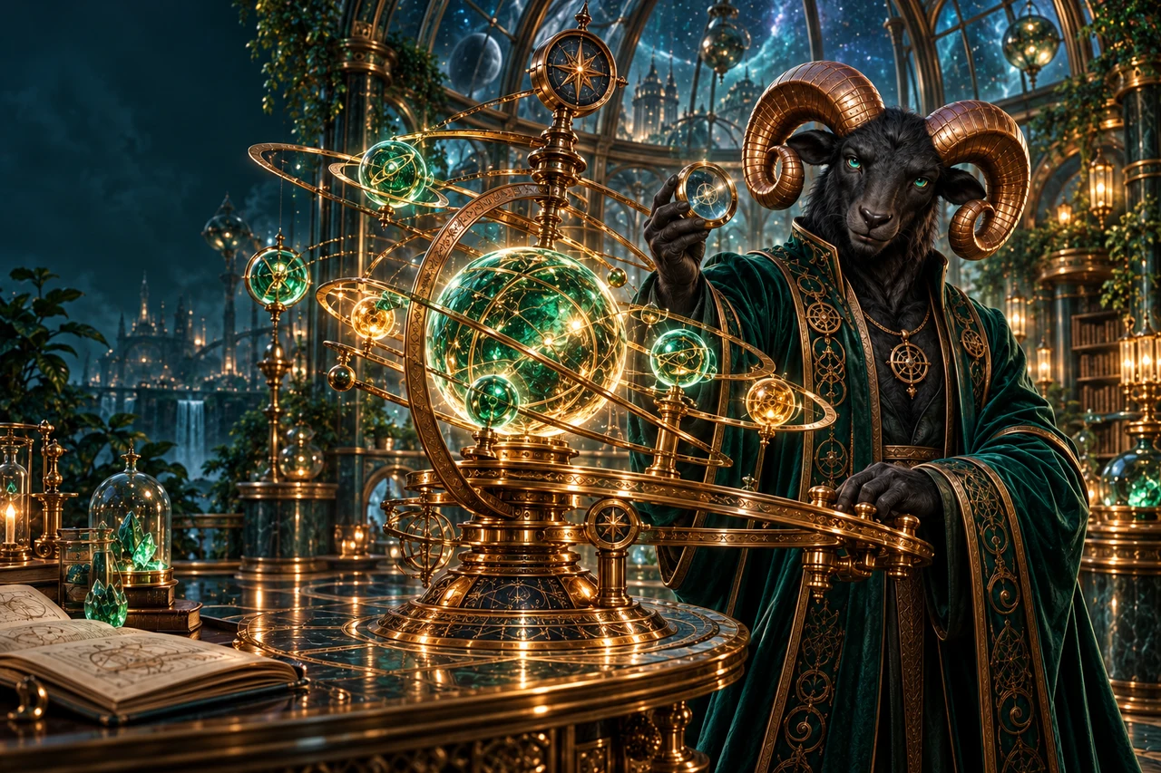 Orin calibrates a copper orrery of luminous emerald game-world spheres