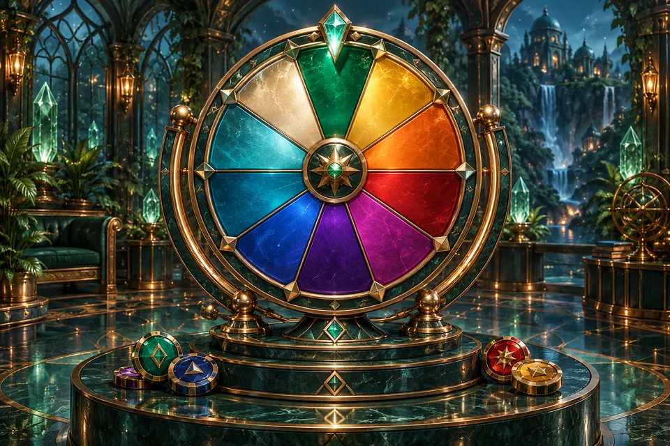 The complete copper colour wheel on its sculpted emerald stand