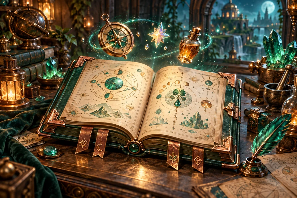 Orin’s entire open discovery journal and its floating alchemical objects