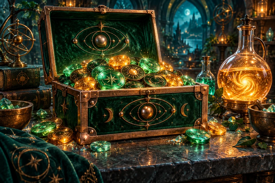 A complete copper and emerald casket of fictional play chips